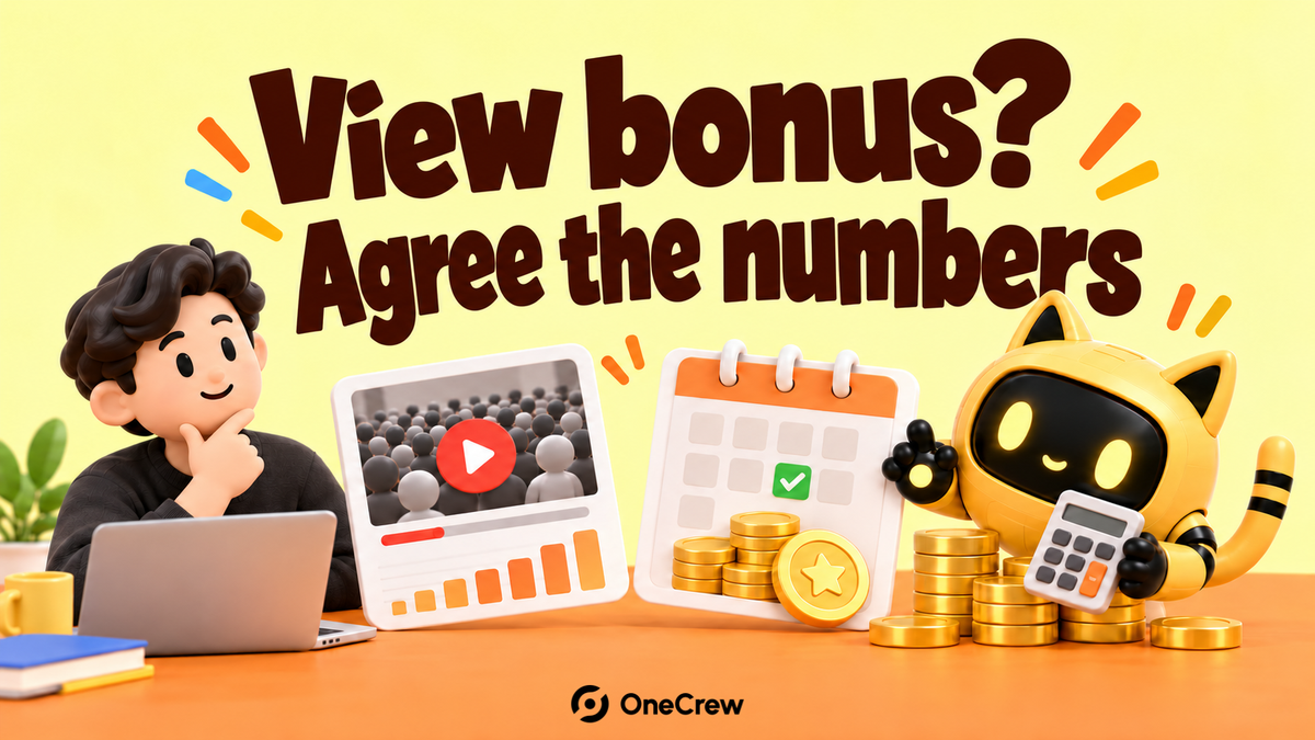 A creator and yellow robot compare a view counter, calendar and bonus calculator