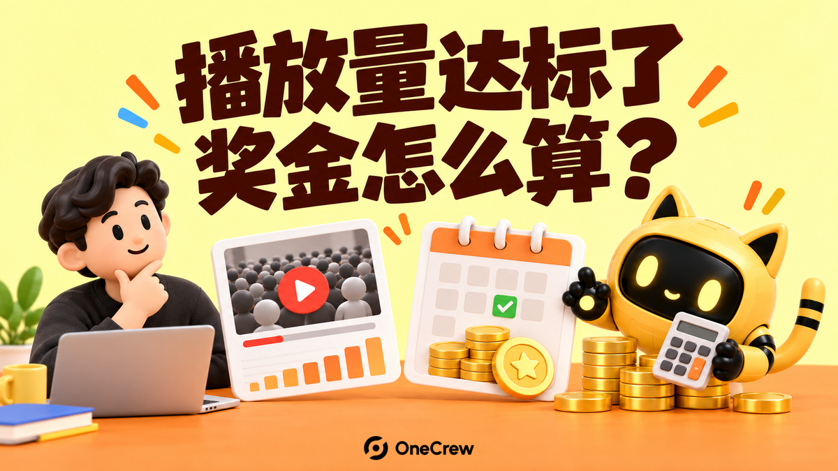 创作者与黄色机器人核对播放量卡片、日历和奖金计算器
