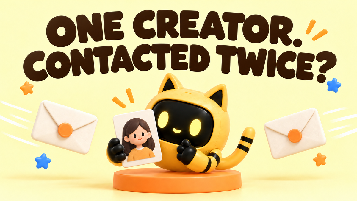 A yellow cat-eared robot holds a creator profile between two invitation envelopes. Large headline: “One creator. Contacted twice?”