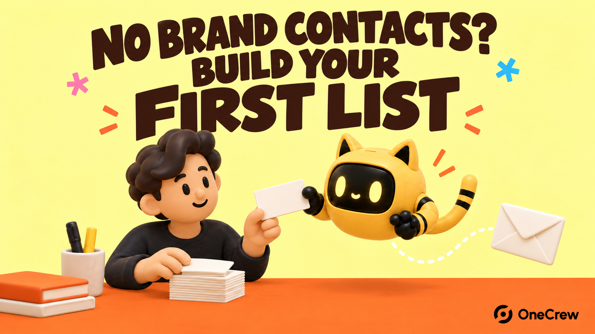 Yellow OneCrew cover reading ‘NO BRAND CONTACTS? BUILD YOUR FIRST LIST’ with a freelance creator manager and the cat-ear robot sorting blank contact cards for outreach.