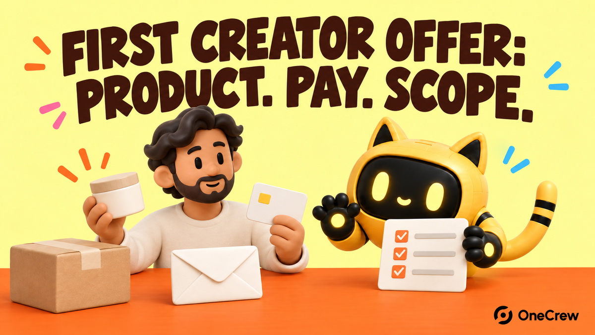 Yellow OneCrew cover reading ‘FIRST CREATOR OFFER: PRODUCT. PAY. SCOPE.’ with a small-brand founder and the cat-ear robot presenting a product sample, payment card and scope checklist.