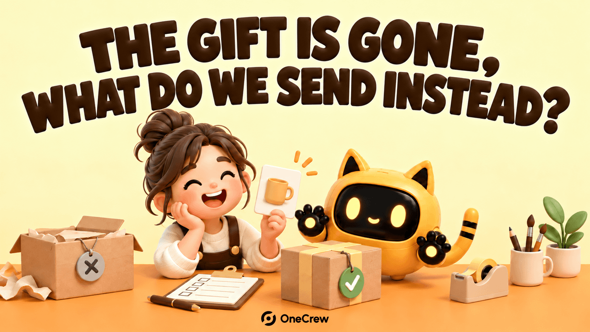 A yellow cat-eared robot holds a replacement checklist beside a discontinued pink gift box and a new green gift box. Headline: “THE GIFT IS GONE, WHAT DO WE SEND INSTEAD?”