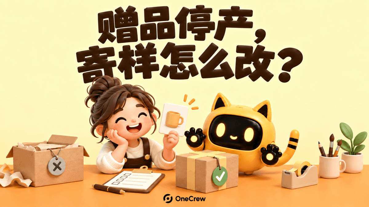 黄色猫耳机器人拿着替代清单，旁边是被标记停产的旧礼盒和新的绿色礼盒；封面大字“赠品停产了，寄样怎么改？”。