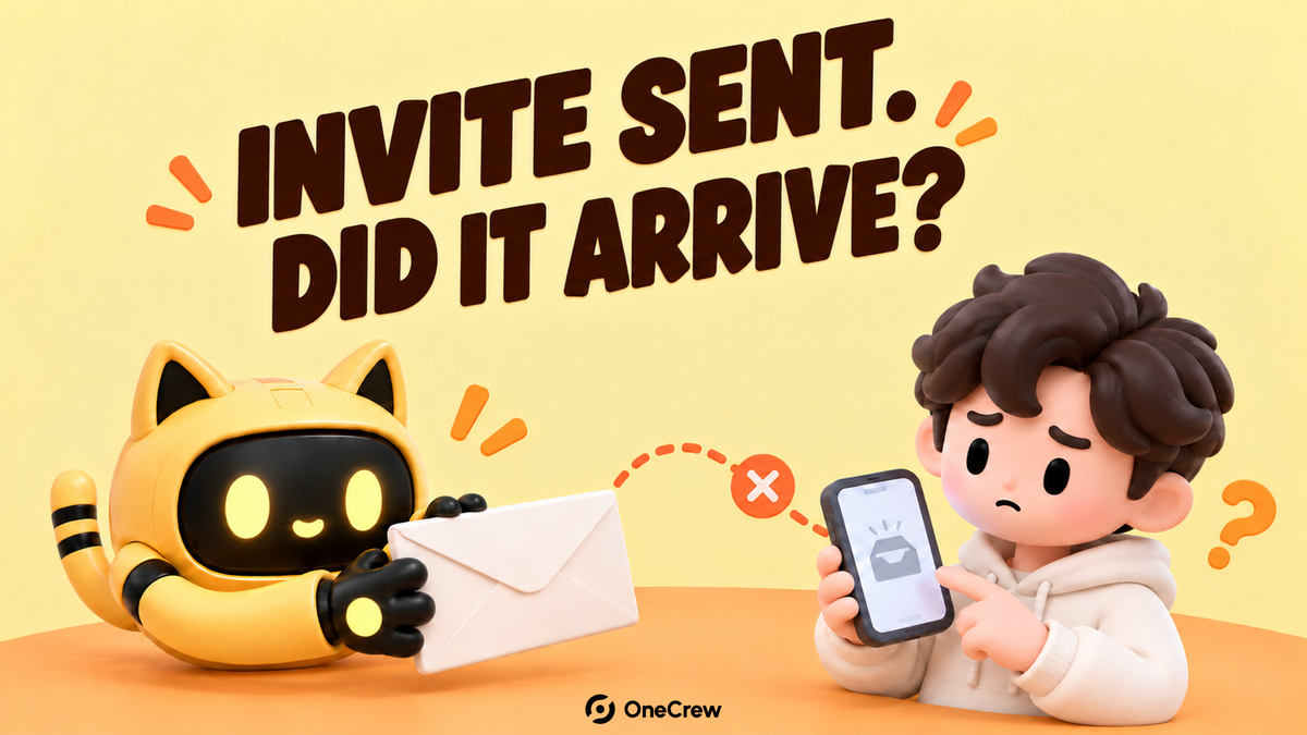 On a pale yellow background, a cat-eared robot presents an invitation while a creator checks a phone inbox. The headline reads “Invite sent. Did it arrive?”