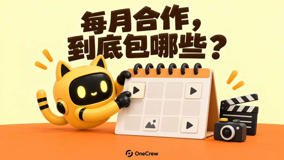 黄底封面写着“每月合作，到底包哪些？”，黄色猫耳机器人将视频卡放到月历上，旁边有相机与场记板，连续橙色台面底部为 OneCrew 标识。
