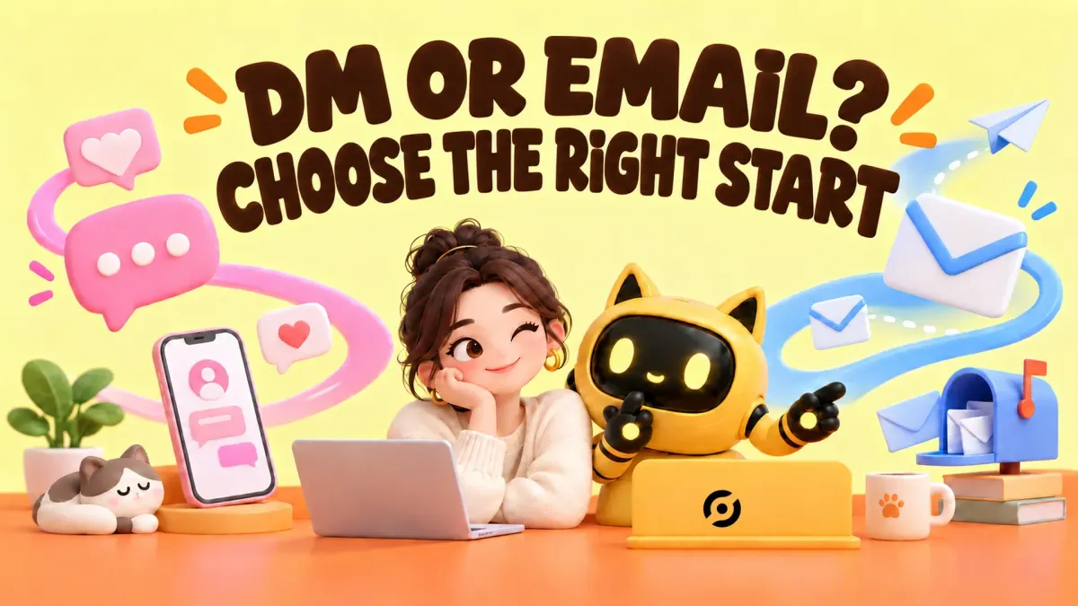 OneCrew yellow cat-eared robot and a creator compare direct-message and email routes beneath the headline “DM OR EMAIL? CHOOSE THE RIGHT START.”