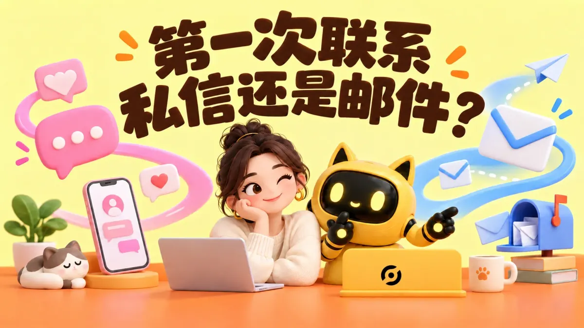 OneCrew 黄色猫耳机器人与人物展示达人和机器人在私信与邮件两条联系路径之间选择，封面写着“第一次联系，私信还是邮件？”。