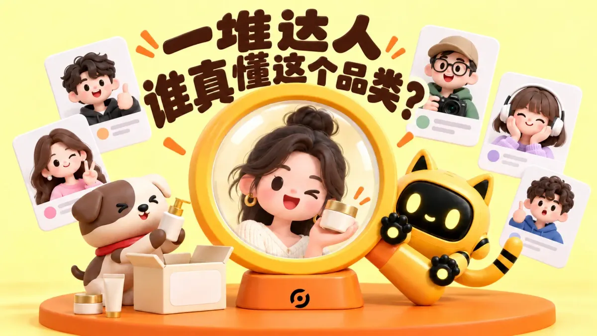 OneCrew 黄色猫耳机器人与人物展示品牌同事与机器人用放大镜筛选匹配品类的达人，封面写着“一堆达人，谁真懂这个品类？”。