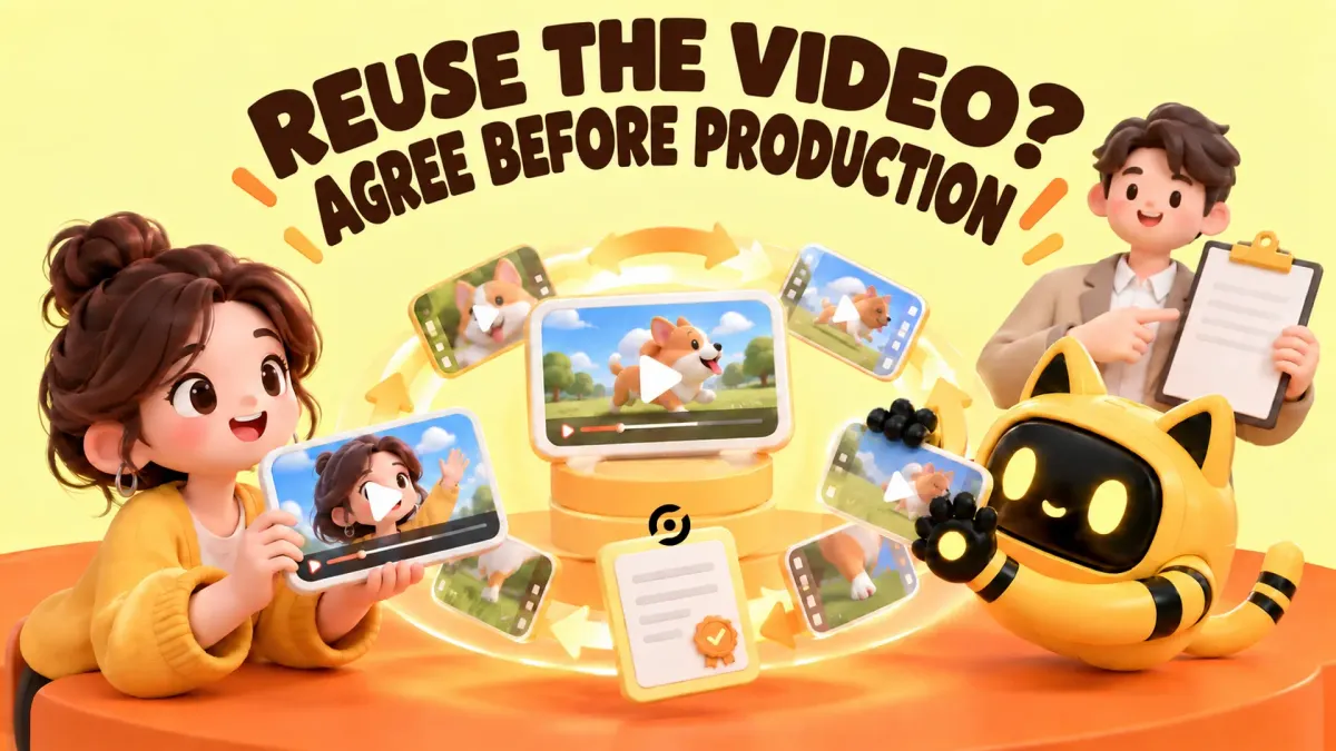 A creator and the OneCrew robot review reusable video assets beneath the headline “REUSE THE VIDEO? AGREE BEFORE PRODUCTION.”
