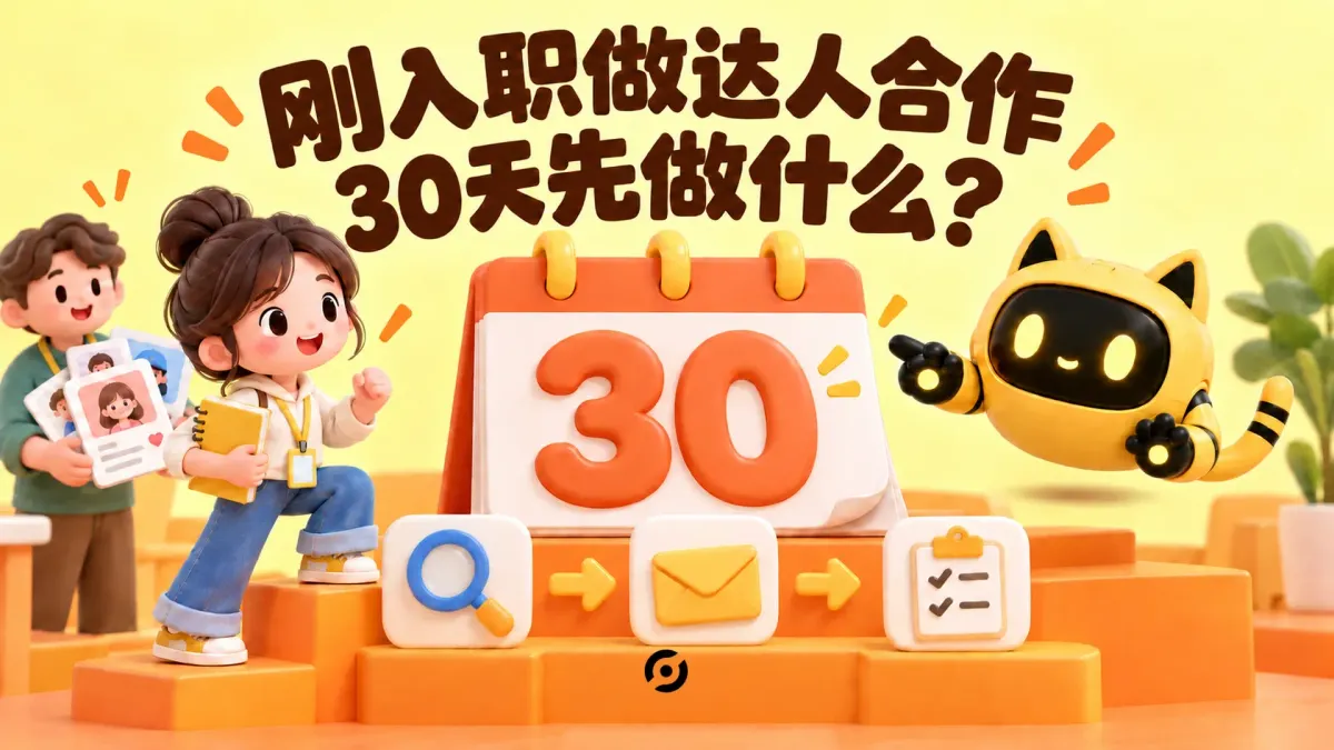 OneCrew 黄色猫耳机器人与人物展示新同事与机器人围绕三十天日历安排达人合作流程，封面写着“刚入职做达人合作，30 天先做什么？”。