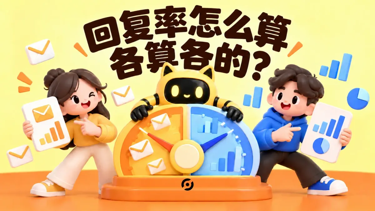 OneCrew 黄色猫耳机器人与人物展示两位同事与机器人围绕指标转盘对齐回复率口径，封面写着“回复率怎么算，各算各的？”。