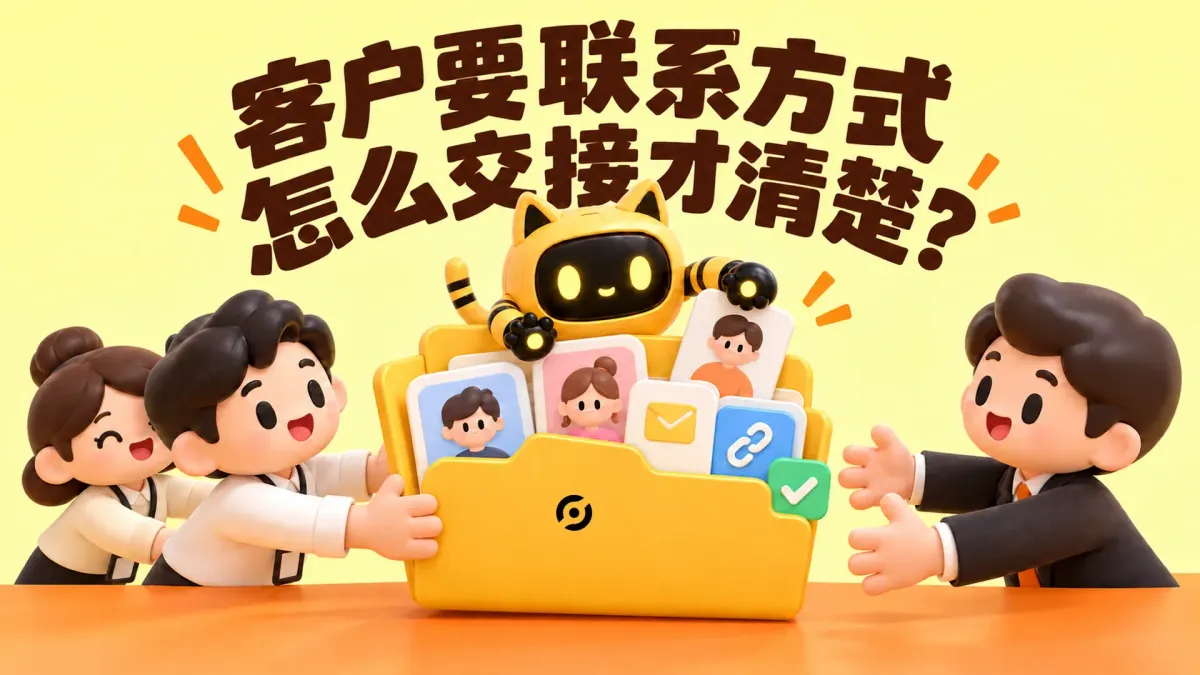 OneCrew 黄色猫耳机器人与人物展示代理团队通过机器人和联系人文件夹向客户交接资料，封面写着“客户要联系方式，怎么交接才清楚？”。
