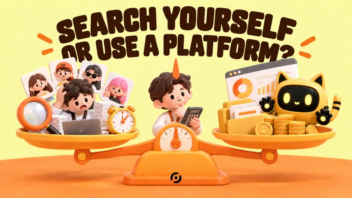 A balance scale compares manual creator search with a platform-assisted workflow.