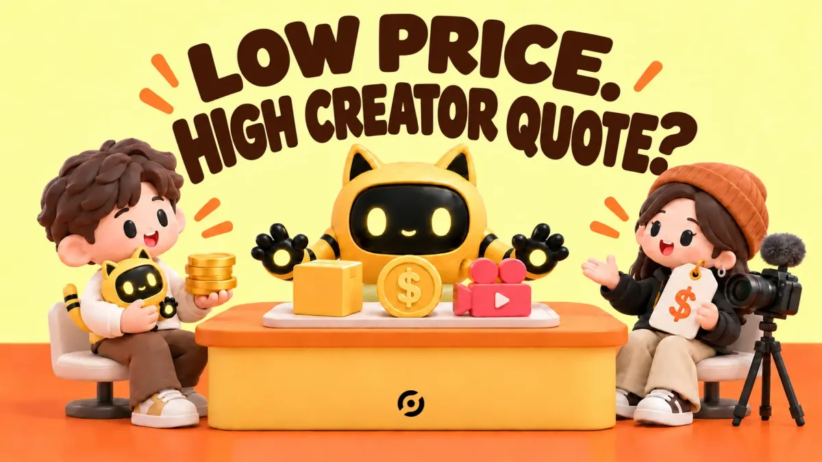 A brand and creator negotiate pricing with the OneCrew robot beneath the headline “LOW PRICE. HIGH CREATOR QUOTE?”