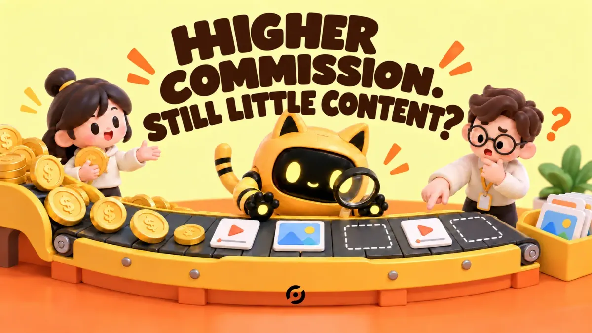 A team and the OneCrew robot inspect a commission-to-content conveyor beneath the headline “HIGHER COMMISSION. STILL LITTLE CONTENT?”