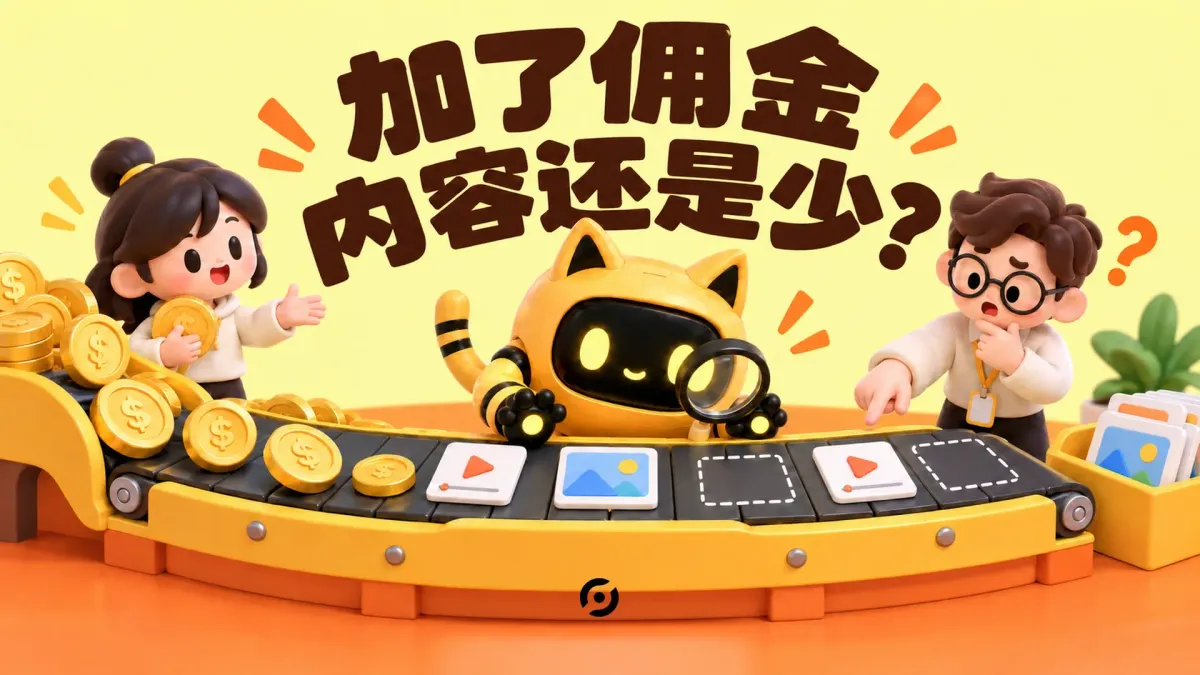 OneCrew 黄色猫耳机器人与人物展示团队与机器人检查佣金投入和内容产出的传送流程，封面写着“加了佣金，内容还是少？”。