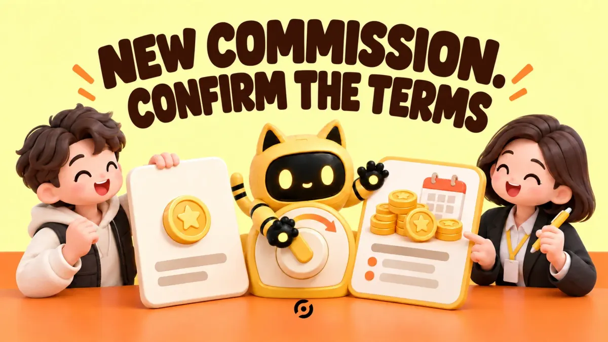 A brand team and the OneCrew robot confirm updated commission terms.