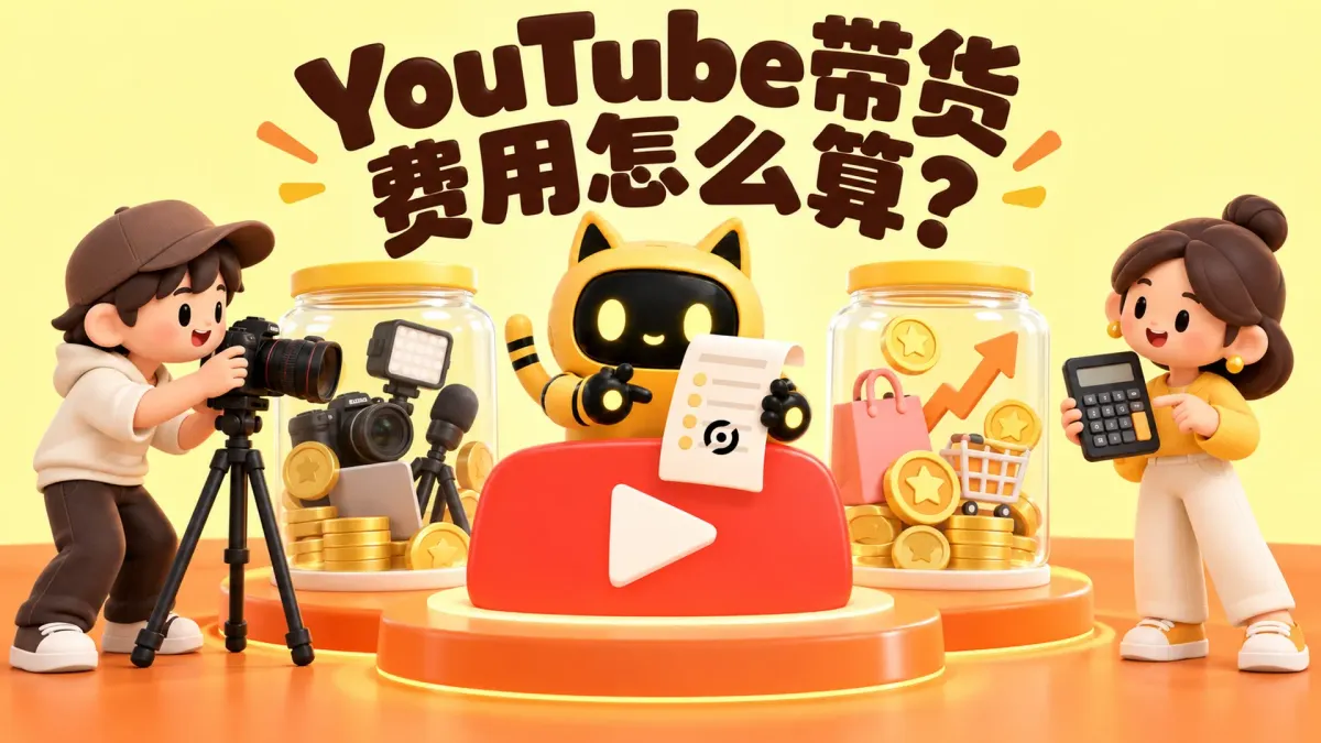 OneCrew 黄色猫耳机器人与人物展示创作者、品牌同事与机器人核对 YouTube 带货的制作费和佣金，封面写着“YouTube 带货，费用怎么算？”。