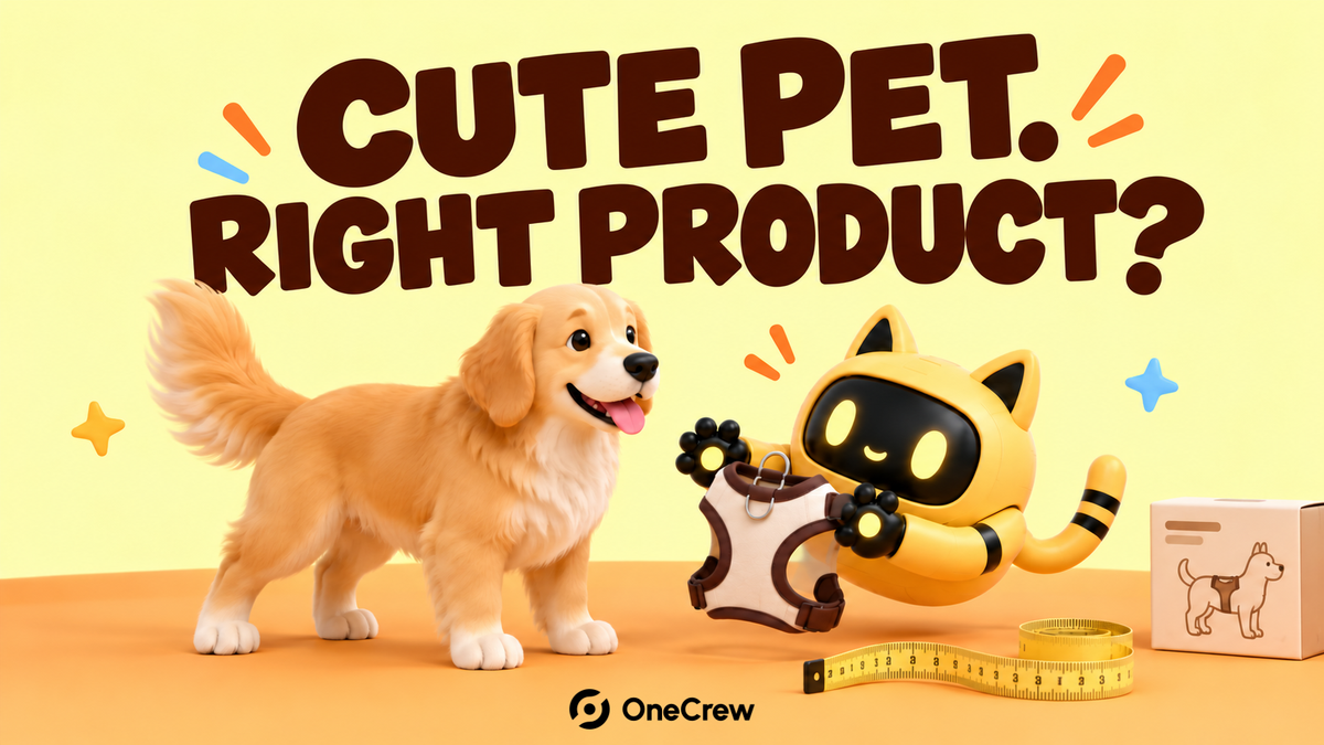 A yellow robot holds a harness beside a dog to check product suitability