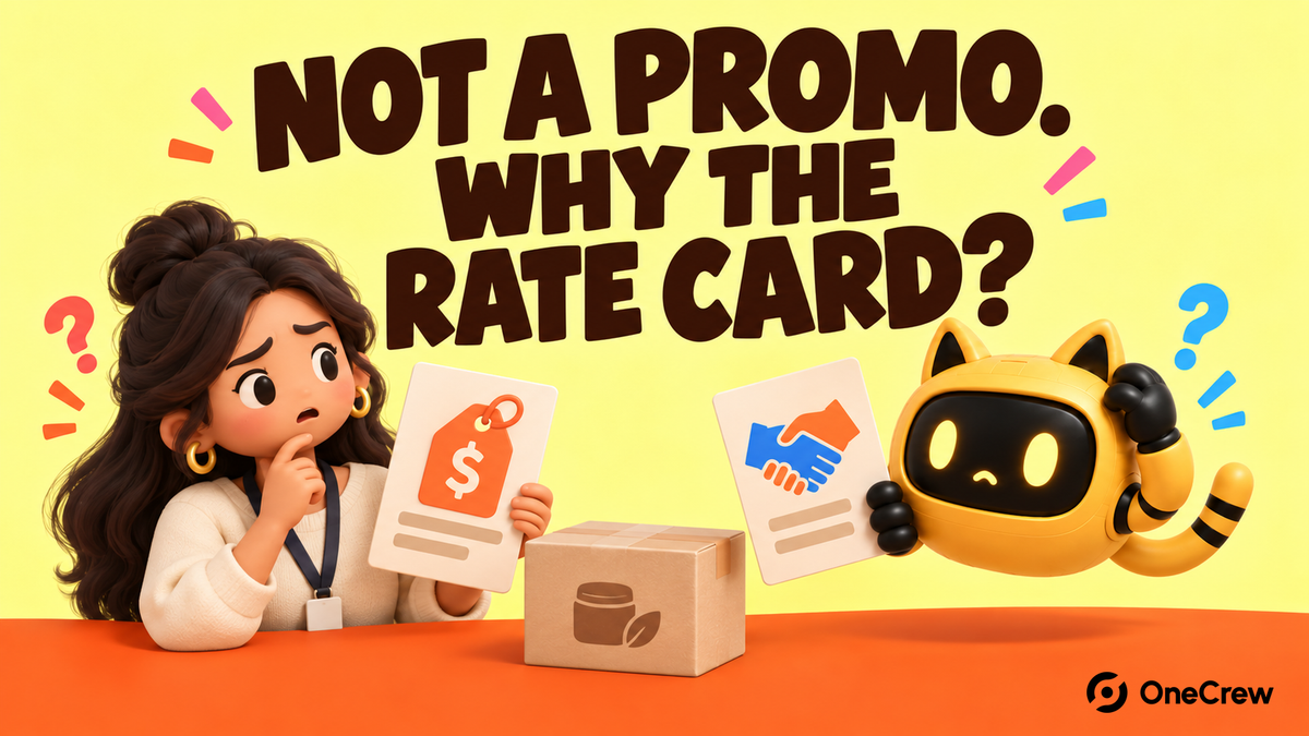 Yellow OneCrew cover reading “NOT A PROMO. WHY THE RATE CARD?” with the cat-ear robot and a creator manager comparing a collaboration brief with a rate card.