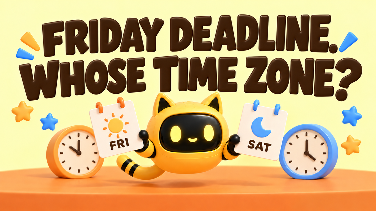 A yellow cat-eared robot holds Friday and Saturday calendar cards between two clocks. Large headline: “Friday deadline. Whose time zone?”