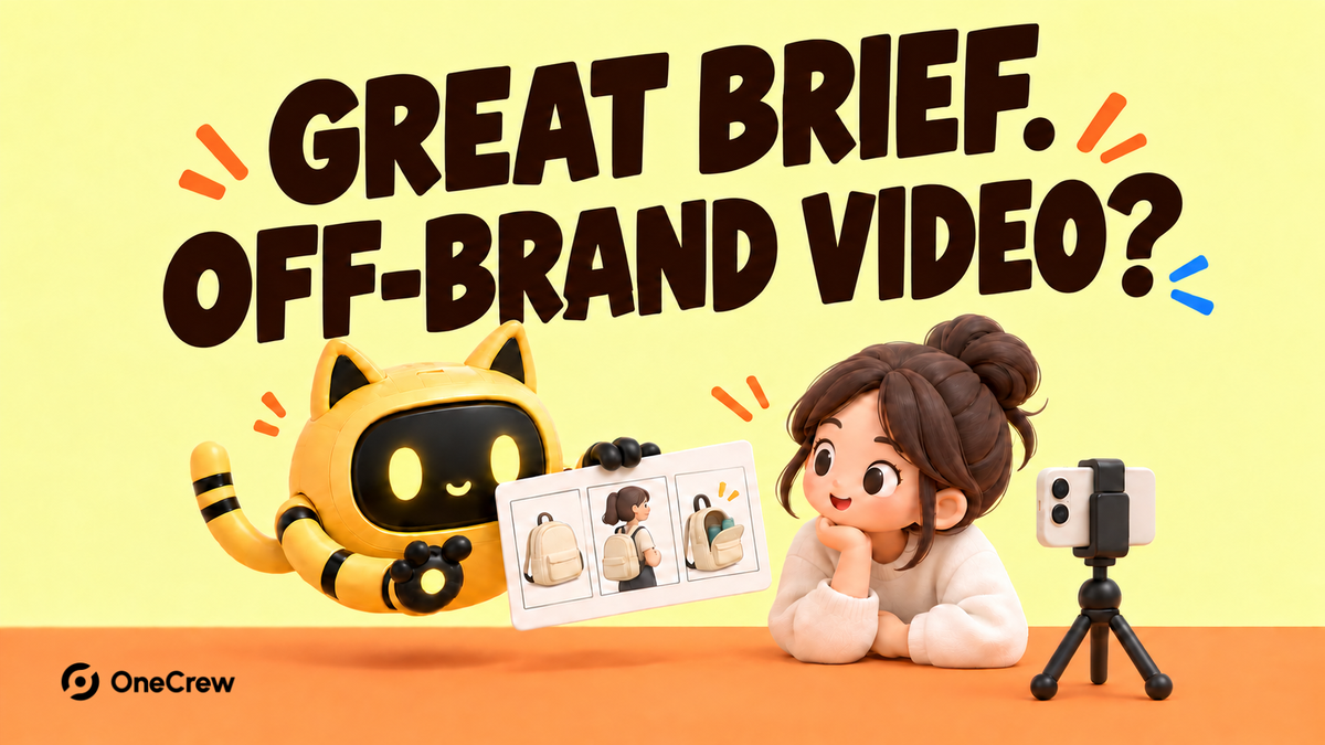 A yellow cat-eared robot and a creator review a backpack storyboard beside a camera phone. Headline: “Great brief. Off-brand video?”