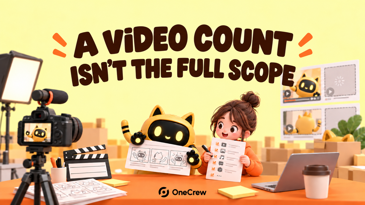 A yellow cat-eared robot and a creator review a storyboard and checklist in a studio beneath the centered headline “A VIDEO COUNT ISN’T THE FULL SCOPE”, with the official OneCrew logo below.
