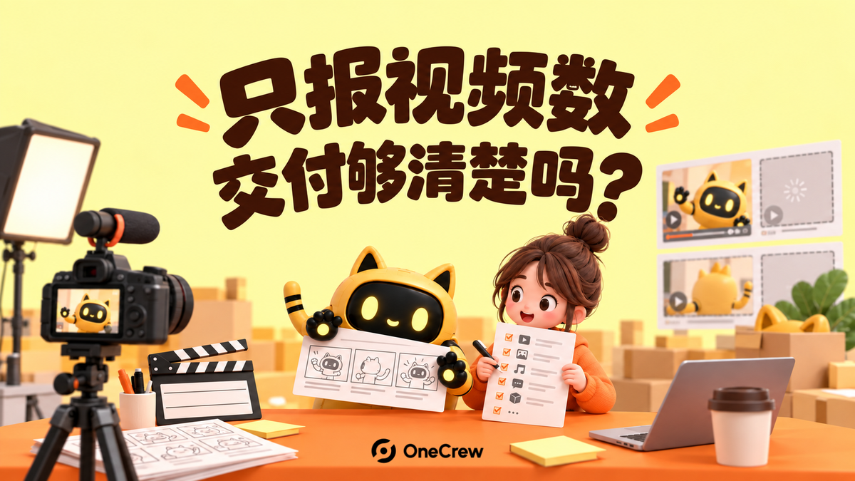 黄色猫耳机器人和创作者在拍摄场景中核对分镜与清单，上方居中文案“只报视频数，交付够清楚吗？”，底部为OneCrew原始Logo。