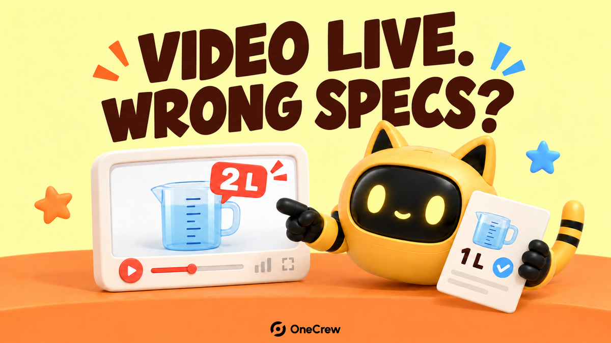 A yellow cat-eared robot compares a 1-liter spec sheet with a video claiming 2 liters, below the headline “Video live. Wrong specs?”