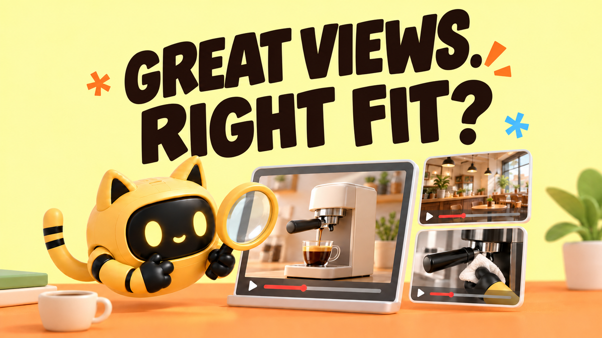 A yellow cat-eared robot examines an espresso-machine review beside café and cleaning clips. The headline reads “Great views. Right fit?”