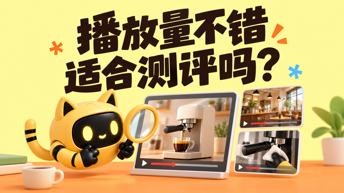 黄色猫耳机器人用放大镜检查咖啡机测评视频，旁边展示探店和清洁片段，封面写着“播放量不错，适合测评吗？”