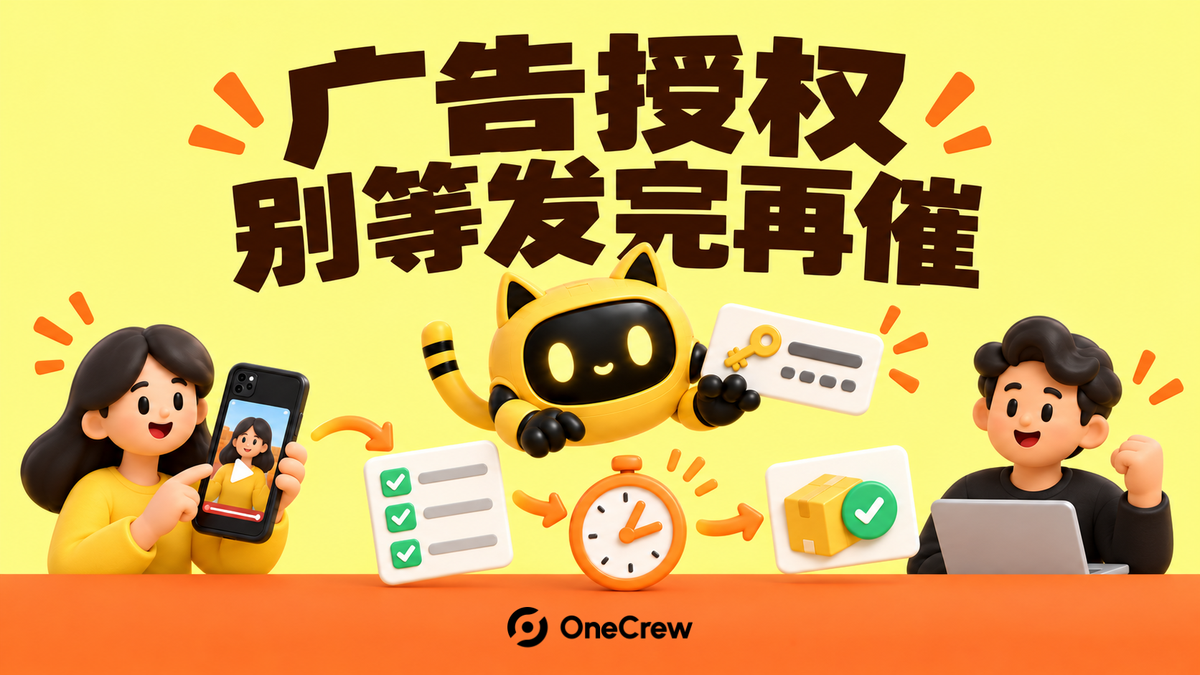 OneCrew 机器人交接广告授权卡，达人展示已发布视频，品牌同事核对清单与时间；标题“广告授权，别等发完再催”。