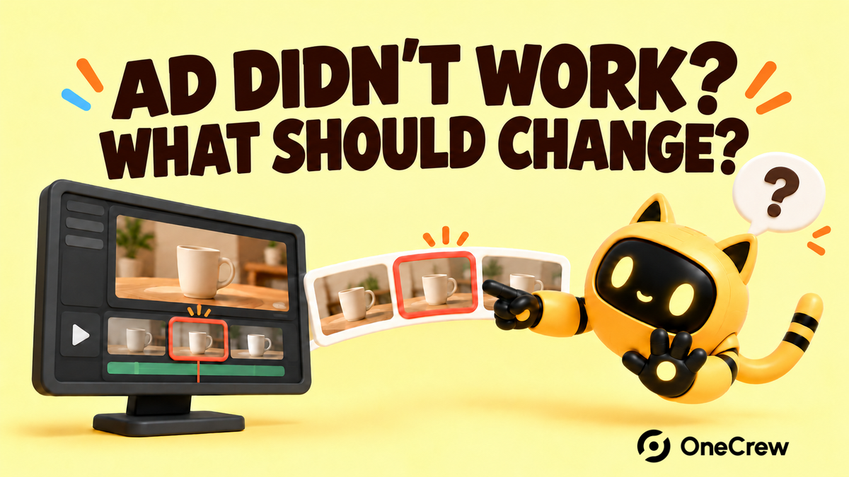 A robot points to a specific shot in a mug ad beneath “AD DIDN’T WORK? WHAT SHOULD CHANGE?”