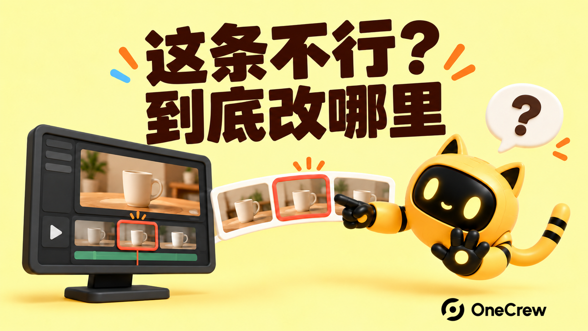 机器人指向杯子广告视频中的具体镜头，封面文字为“这条不行？到底改哪里”。