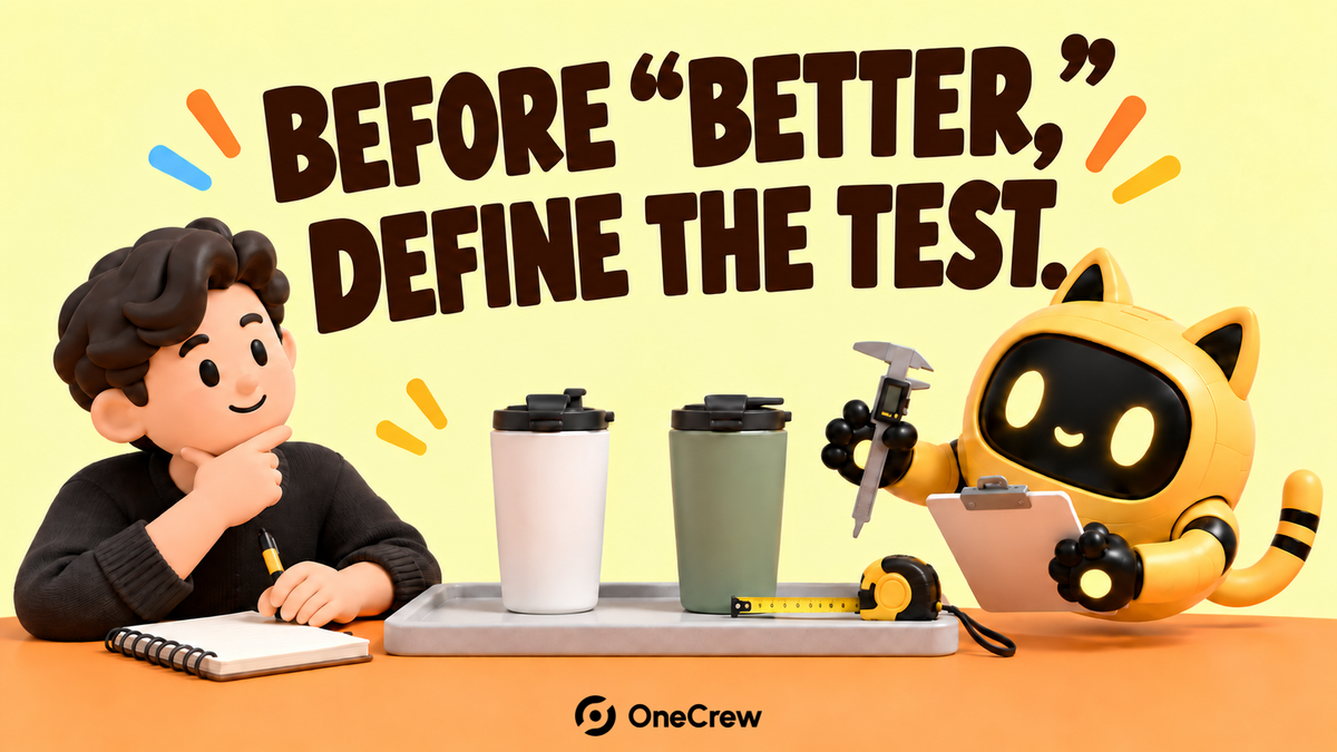 A creator and yellow robot check two cups and measuring tools under “Before better, define the test.”
