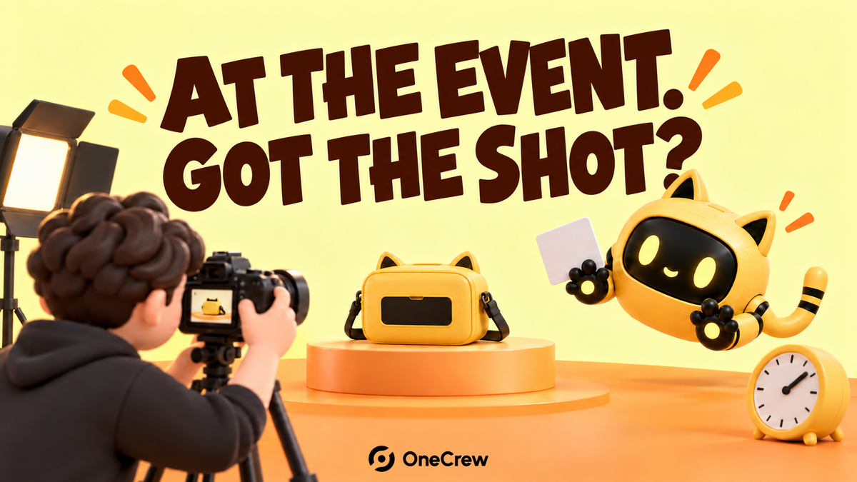 A creator films a product reveal as the yellow robot holds a shot card under “At the event. Got the shot?”