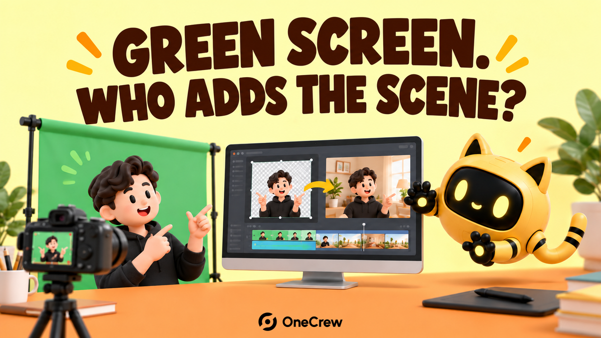 A creator films at a green screen while the yellow robot checks a composited presenter on a monitor.
