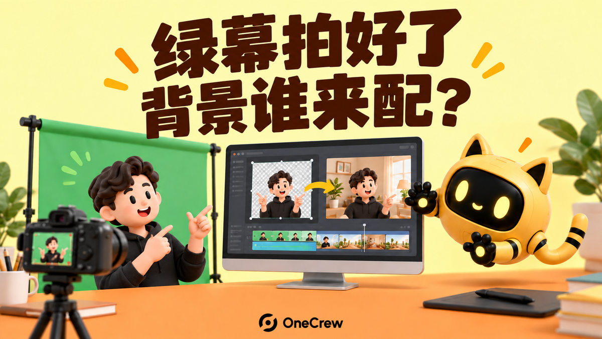 达人站在绿幕前，黄色机器人对照人物合成后的屏幕，标题为“绿幕拍好了，背景谁来配？”