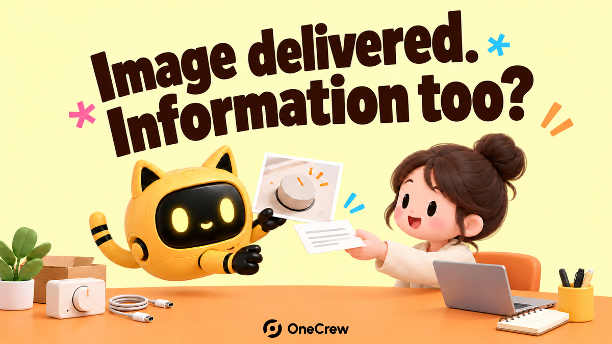 A robot hands a website editor a product image and written explanation, asking whether its information is included.