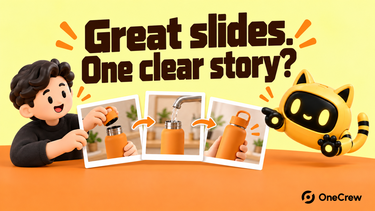 A creator and robot arrange a carousel sequence beneath “Great slides. One clear story?”