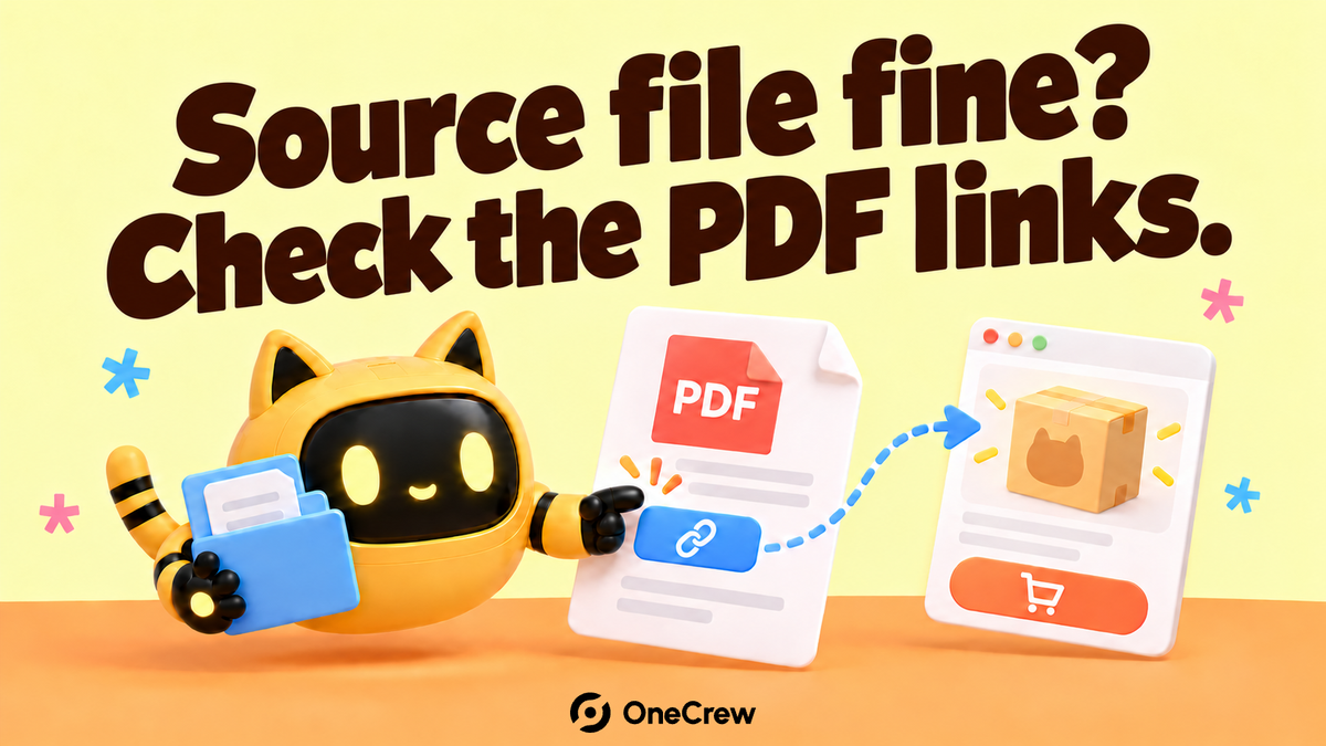 A robot tests a purchase link inside the final PDF guide against its product destination.