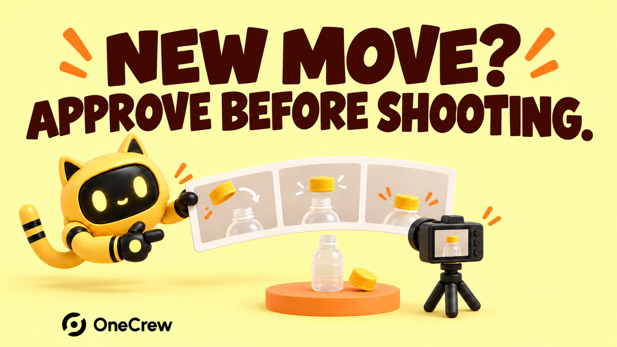 A robot reviews a three-frame bottle-cap storyboard beside stop-motion props and a camera beneath “NEW MOVE? APPROVE BEFORE SHOOTING.”