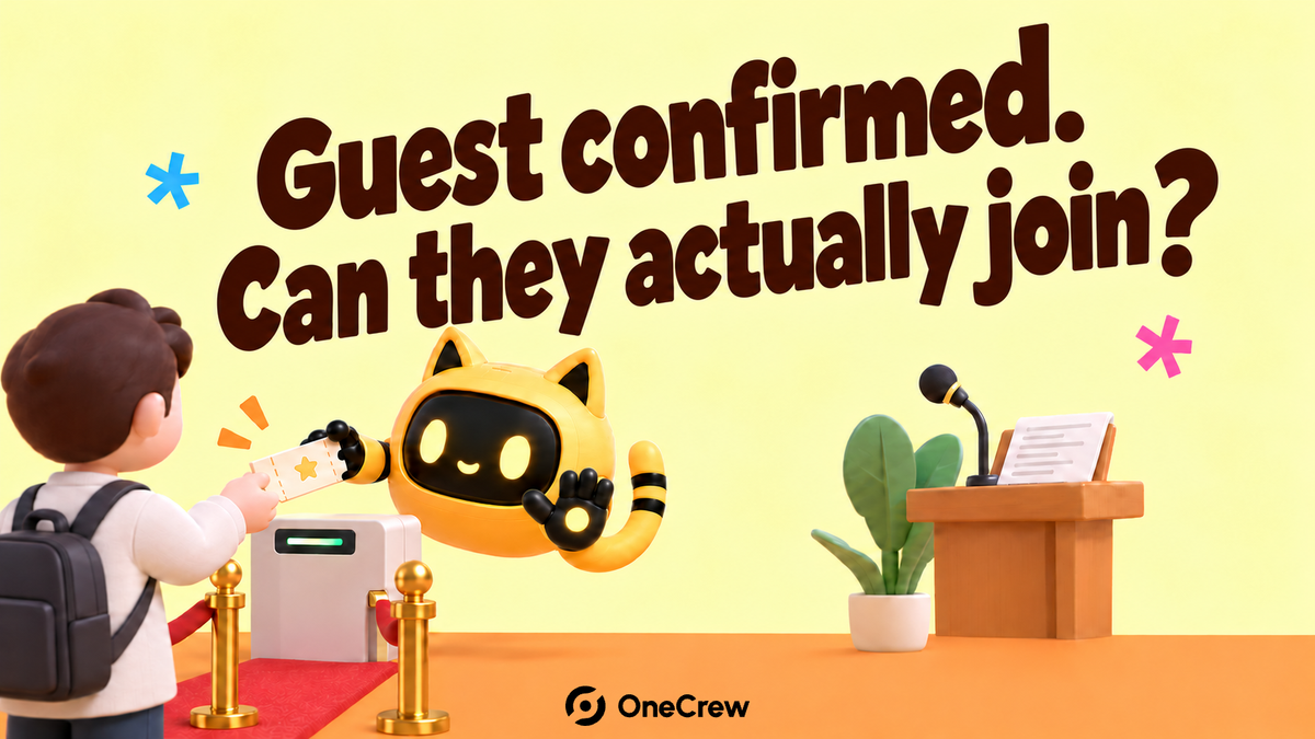 A robot holds a guest access ticket beside a podium, microphone, and slides, asking if the guest can join.