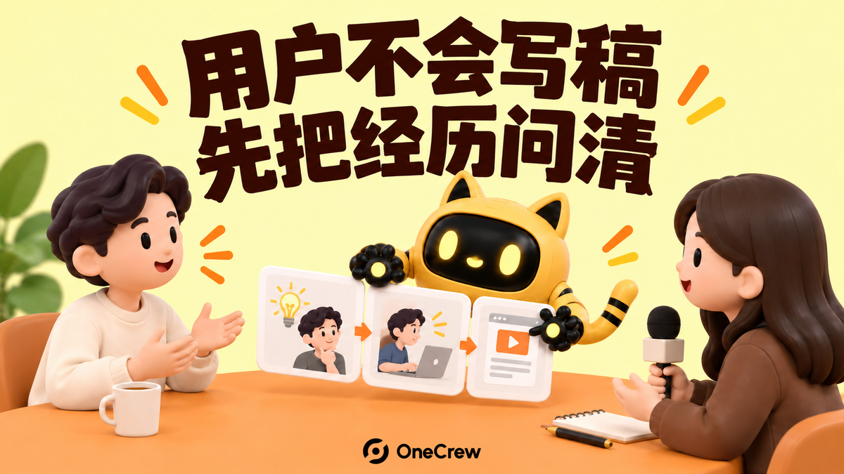 用户与拿麦克风的采访者交谈，黄色机器人拿着经历图卡，标题为“用户不会写稿，先把经历问清”。