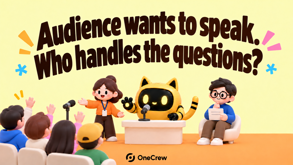 A robot host, community moderator, and product owner coordinate audience speaking and questions.