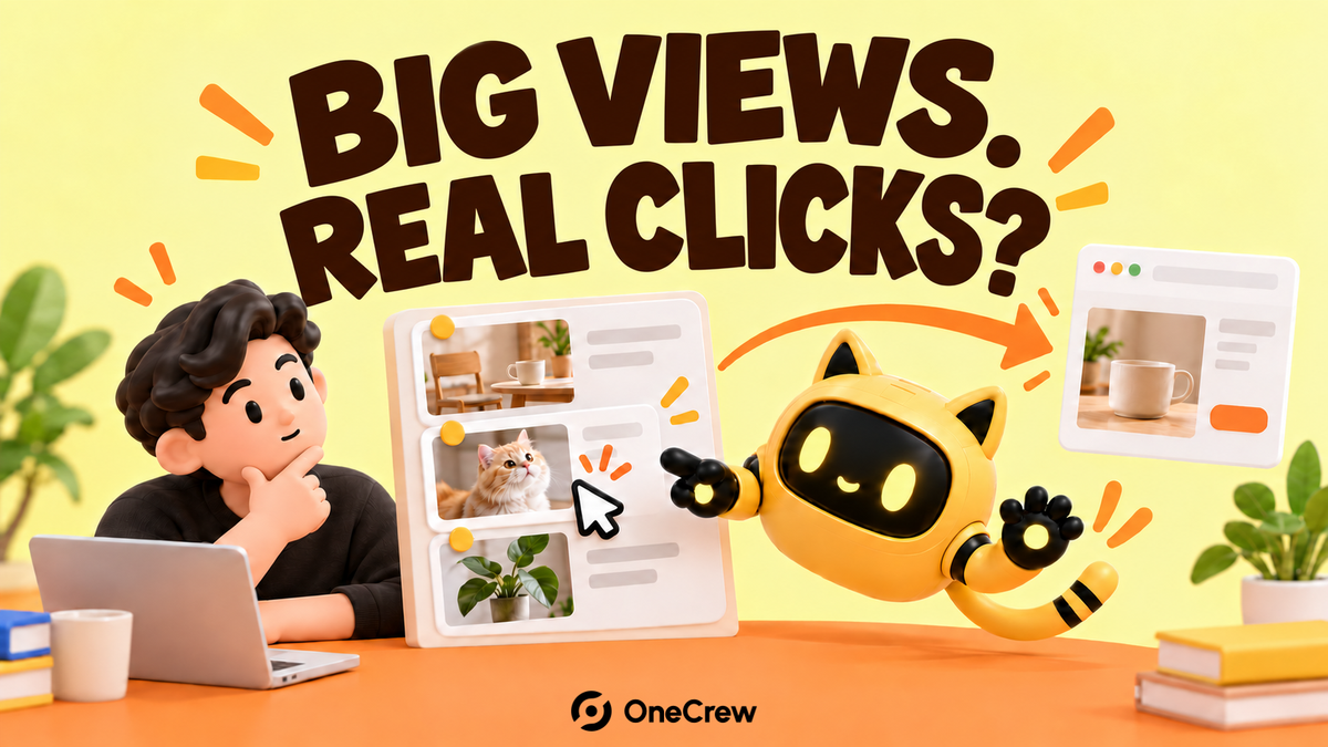 A creator and yellow robot trace a content card toward a website under “Big views. Real clicks?”