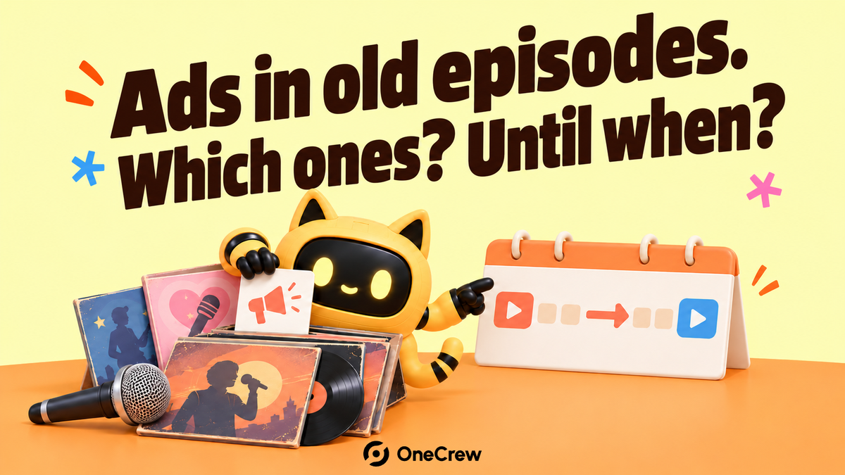 A robot places an ad card beside older podcast episodes and points to a run-date window.