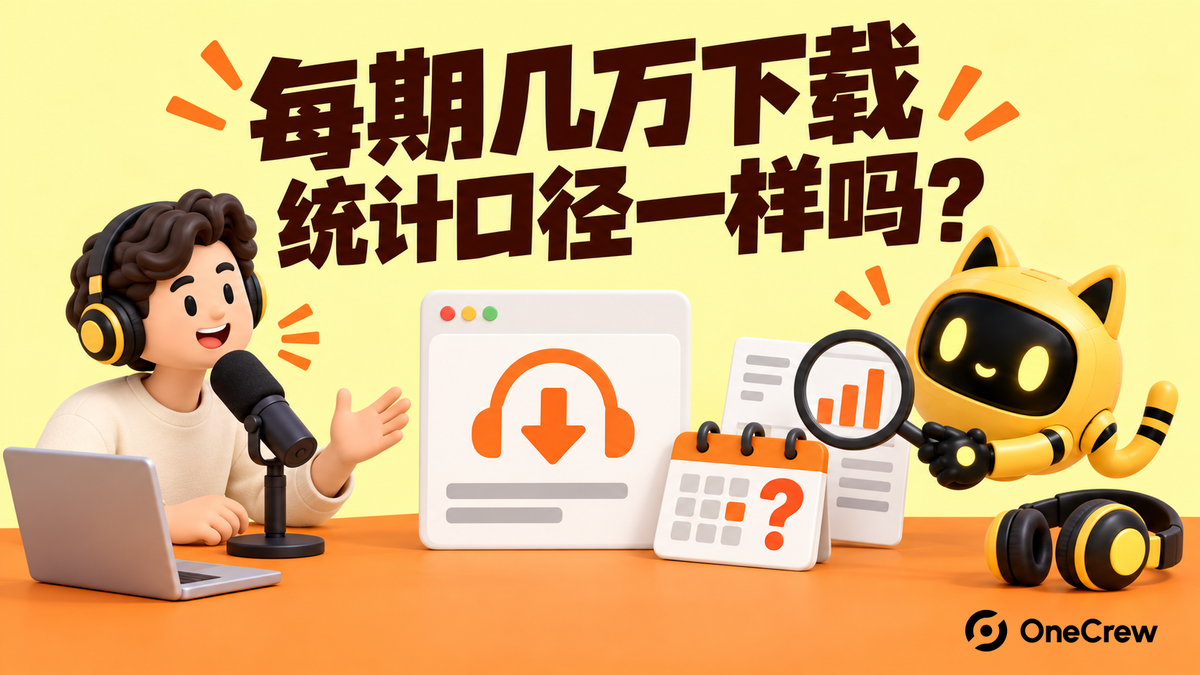 播客主持人与机器人核对耳机、下载报告和日历，文字为“每期几万下载，统计口径一样吗？”。