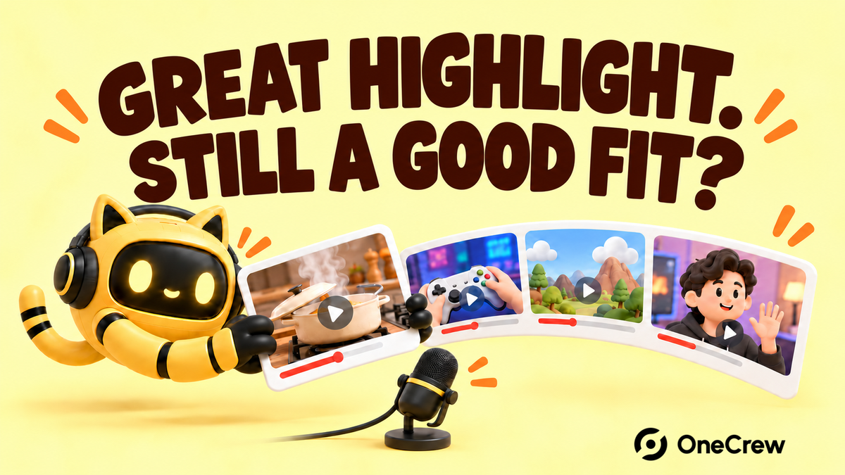 A headset-wearing robot compares a highlight with recent streams beneath “GREAT HIGHLIGHT. STILL A GOOD FIT?”