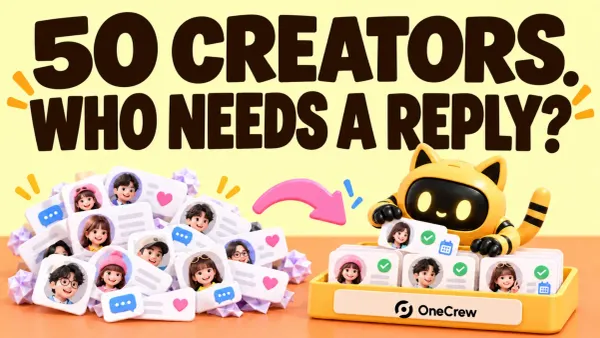The OneCrew mascot organizes creator message cards into a follow-up tray beneath the headline ‘50 creators. Who needs a reply?’